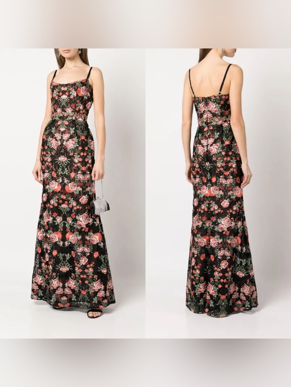 Marchesa Notte Embroidered Floral Gown Black Multi Size 14 EUC